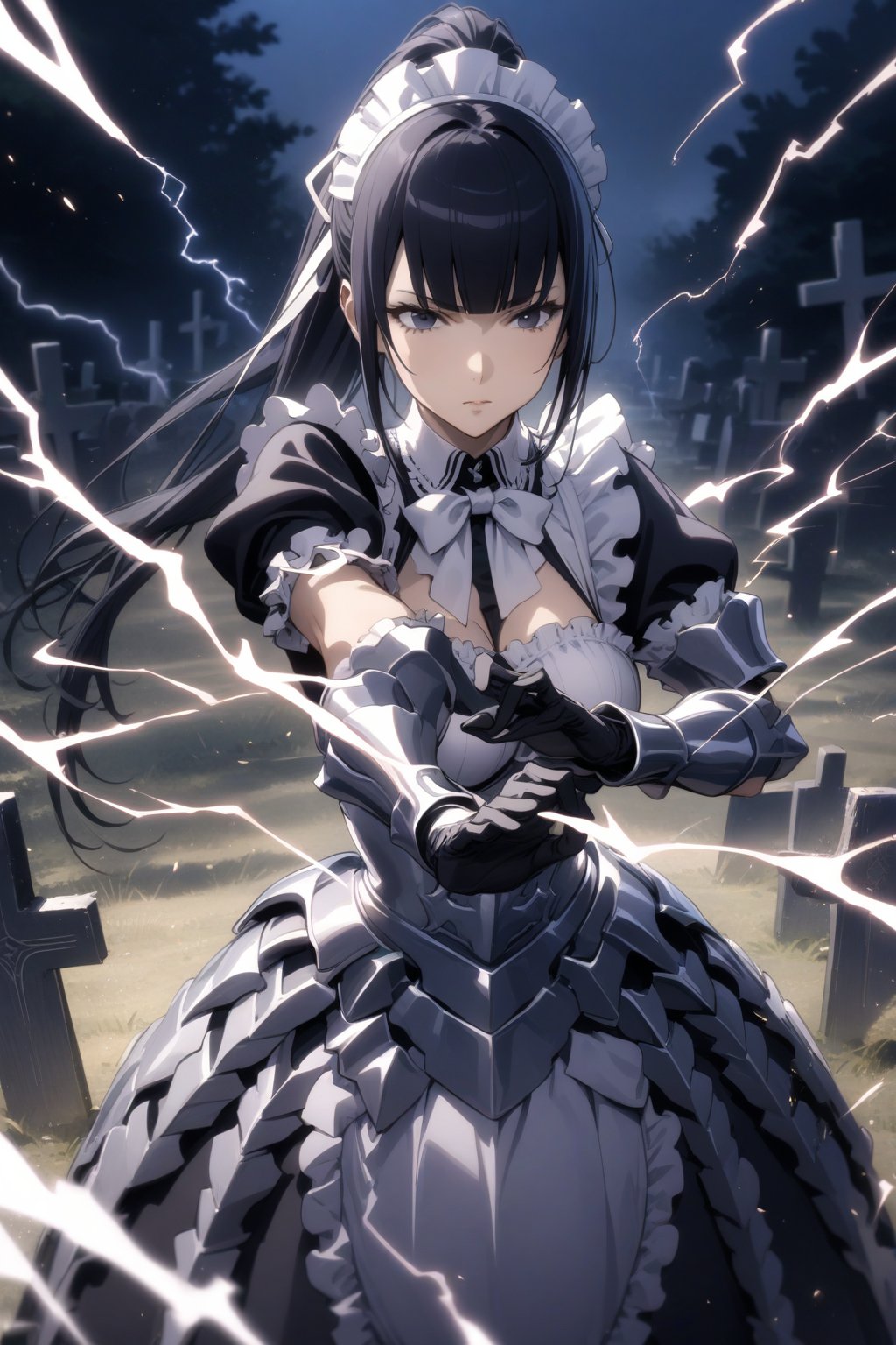 score_9, score_8_up, score_7_up, score_6_up, masterpiece, best quality, ultra-detailed, highres, absurdres, natural lighting,
1girl, solo, narberal gamma \(overlord\), long hair, black hair, ponytail, bangs, glay eyes, perfect body, 
maid, dress, ribbon, bow, armor, gloves 
cemetery, graveyard, night_sky, 
 glowing magical runes, electric magic, lightning, surrounded by electric, Her hands command orbs of electric, sparks, sparking sparks, floating particles, loating electric, a raging lightning dances, action shot, fighting stance, dynamic pose, 