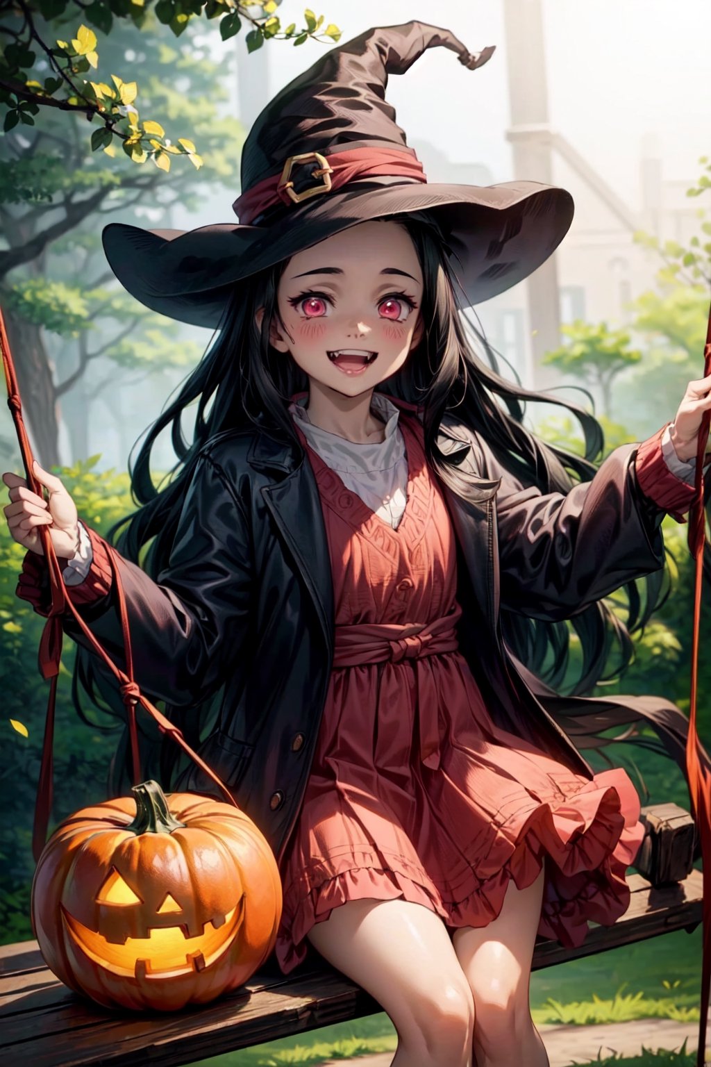 (masterpiece), best quality, expressive pink eyes, perfect face, male soldiers in witch hat  and pumpkin lantern, dynamic angle, dynamic pose, close-up, Fine dust reflected in light, light particles, lens flare,  fun, Healthy smile, Smiling with shame, better hands, dead tree, swing hanging in tree  ,fangs, multicolored_hair,nezuko sitting in swing,guweiz style, no humans