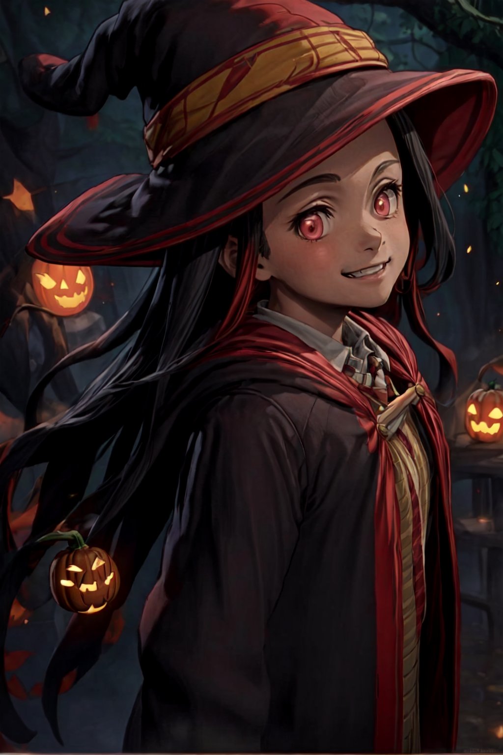 (masterpiece), best quality, expressive pink eyes, perfect face, male soldiers in witch hat  and pumpkin lantern, dynamic angle, dynamic pose, close-up, Fine dust reflected in light, light particles, lens flare,  fun, Healthy smile, Smiling with shame, better hands, dead tree, deadtree ,fangs, bid moon in background, multicolored_hair,nezuko magic wand, guweizstyle,, flying broomstick, sitting in broomstick , ,hogrobe