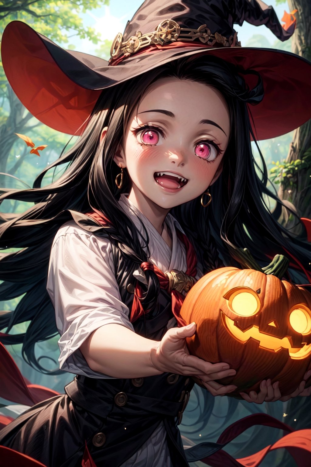(masterpiece), best quality, expressive pink eyes, perfect face, male soldiers in witch hat  and pumpkin lantern, dynamic angle, dynamic pose, close-up, Fine dust reflected in light, light particles, lens flare,  fun, Healthy smile, Smiling with shame, better hands, dead tree, swing hanging in deadtree  ,fangs, multicolored_hair,nezuko magic wand, guweiz style, broomstick, flying fairies 