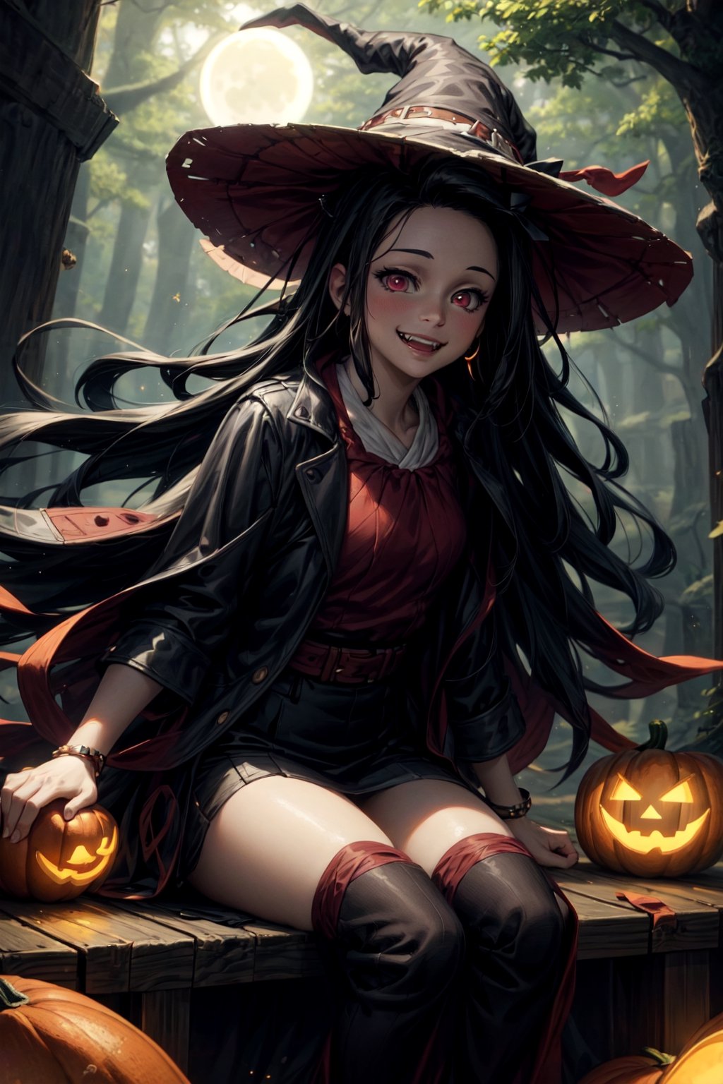 (masterpiece), best quality, expressive pink eyes, perfect face, male soldiers in witch hat  and pumpkin lantern, dynamic angle, dynamic pose, close-up, Fine dust reflected in light, light particles, lens flare,  fun, Healthy smile, Smiling with shame, better hands, dead tree, deadtree ,fangs, bid moon in background, multicolored_hair,nezuko magic wand, guweiz style, broomstick, flying broomstick, sitting in broomstick ,ninny spangcole,guweiz style