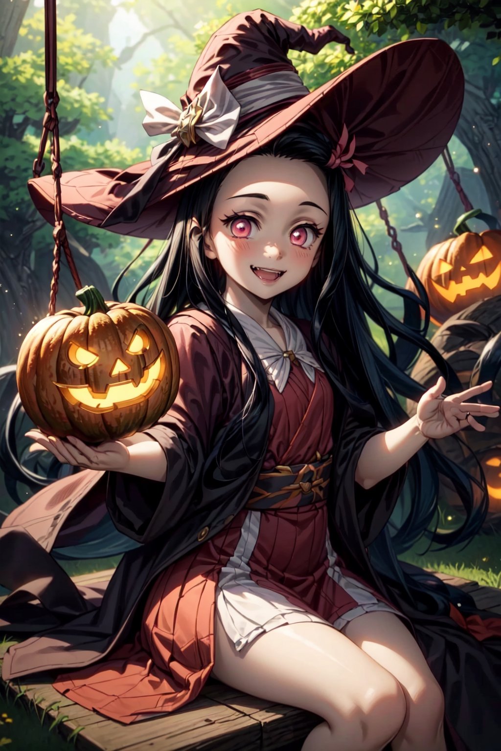 (masterpiece), best quality, expressive pink eyes, perfect face, male soldiers in witch hat  and pumpkin lantern, dynamic angle, dynamic pose, close-up, Fine dust reflected in light, light particles, lens flare,  fun, Healthy smile, Smiling with shame, better hands, dead tree, swing hanging in tree  ,fangs, multicolored_hair,nezuko sitting in swing