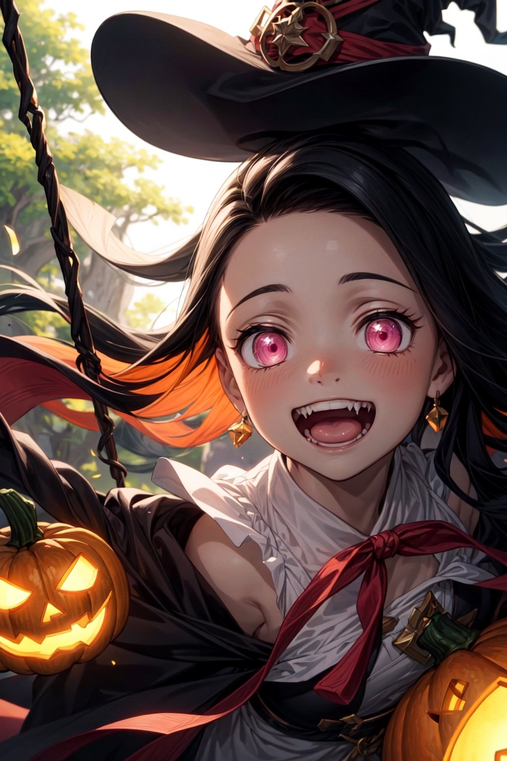 (masterpiece), best quality, expressive pink eyes, perfect face, male soldiers in witch hat  and pumpkin lantern, dynamic angle, dynamic pose, close-up, Fine dust reflected in light, light particles, lens flare,  fun, Healthy smile, Smiling with shame, better hands, dead tree, swing  ,fangs, multicolored_hair,nezuko