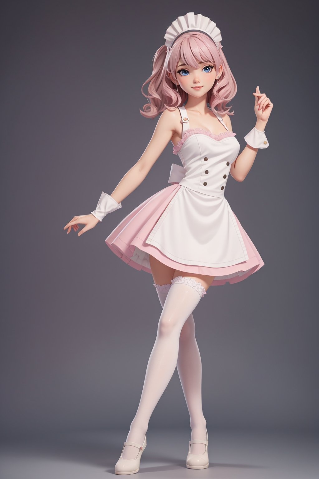 character sheet, beautiful, good hands, full body, good body, 18 year old girl body, sexy pose, full_body,character_sheet, shoulder length fluffy semi wavy hair, pink hair, maid clothes, white stockings, looking to the camera, Simple Sakura