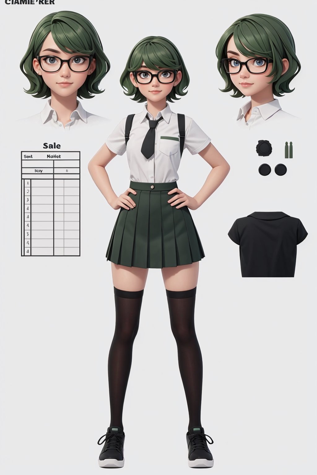 character sheet, beautiful, good hands, full body, good body, 18 year old girl body, sexy pose, full_body,character_sheet, looking to the camera, Short wavy green hair, with black round glasses, ecolar clothes, black school shoes, School Stockings