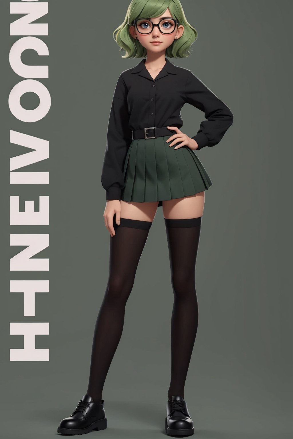 character sheet, beautiful, good hands, full body, good body, 18 year old girl body, sexy pose, full_body,character_sheet, looking to the camera, Short wavy green hair, with black round glasses, ecolar clothes, black school shoes, school Stockings,magazine cover