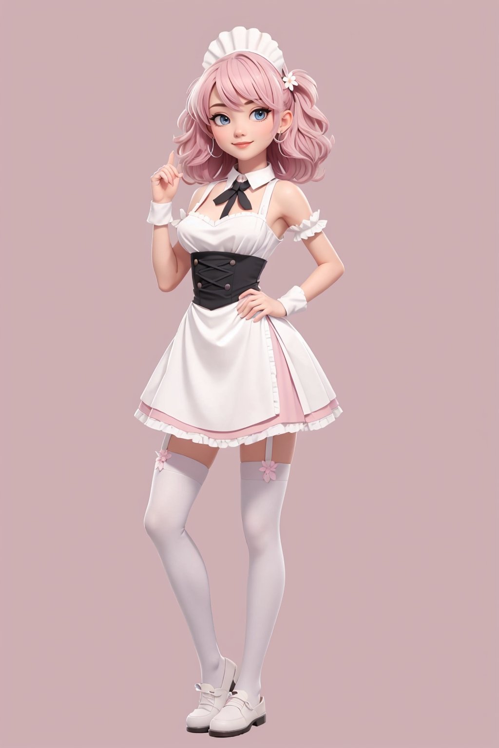 character sheet, beautiful, good hands, full body, good body, 18 year old girl body, sexy pose, full_body,character_sheet, shoulder length fluffy semi wavy hair, pink hair, maid clothes, white stockings, looking to the camera, Simple Sakura,Sakura background, background flowers