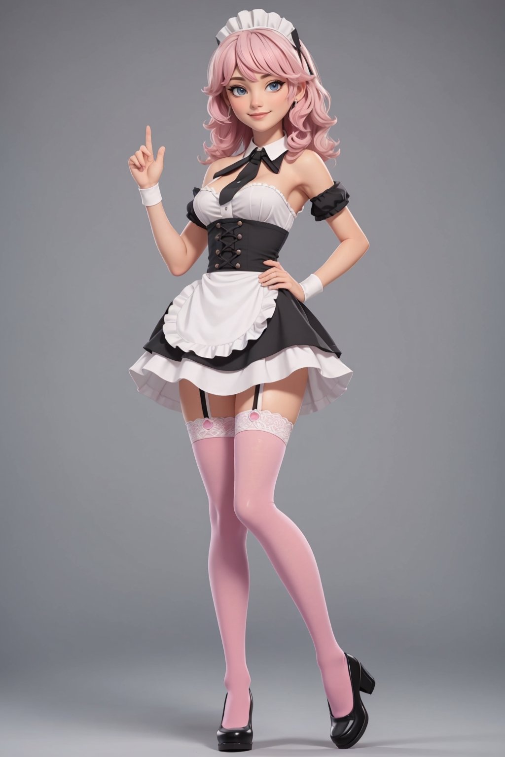 character sheet, beautiful, good hands, full body, good body, 18 year old girl body, sexy pose, full_body,character_sheet, shoulder length fluffy semi wavy hair, pink hair, maid clothes, white stockings, only stockings, looking to the camera
