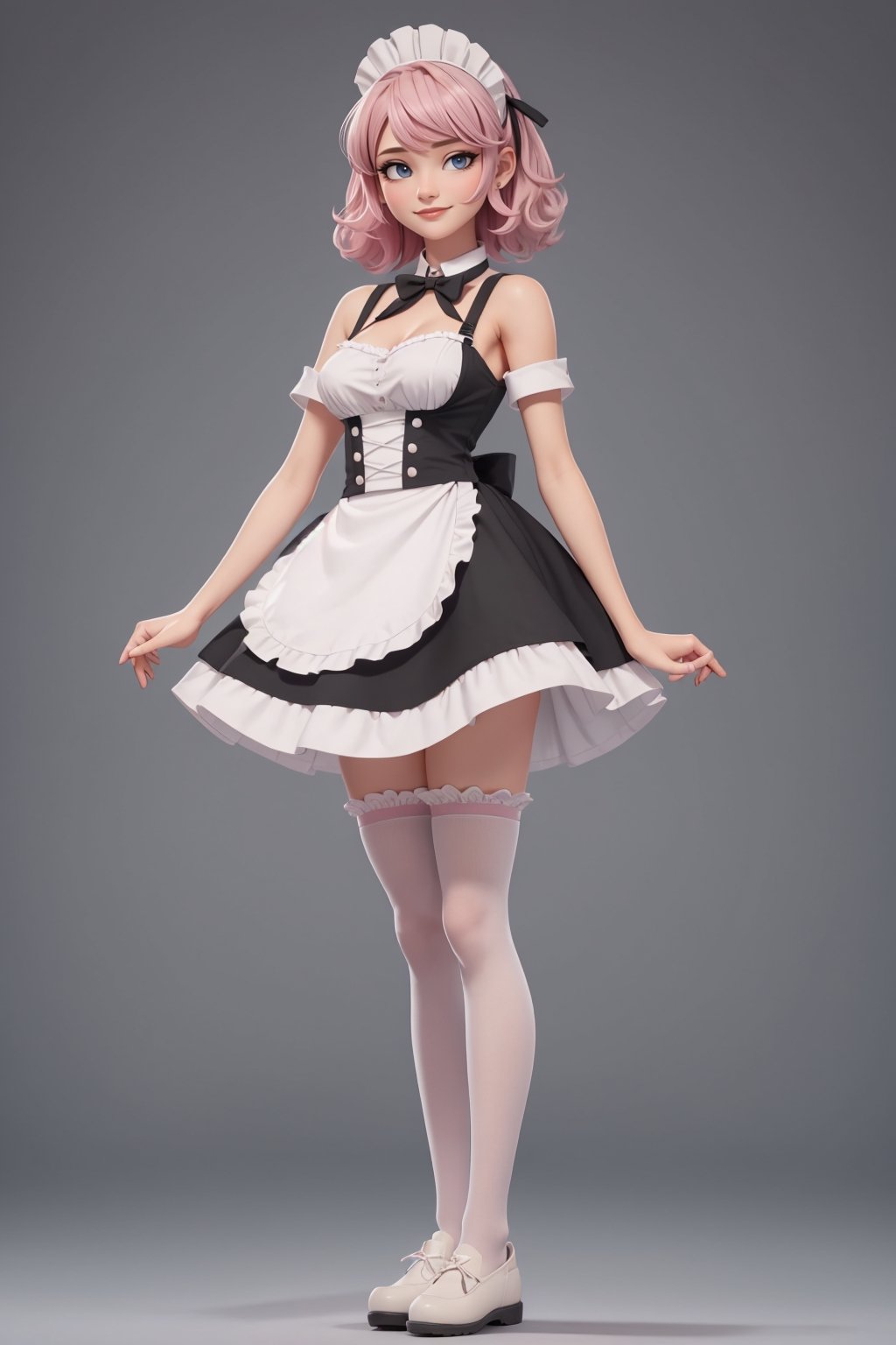 character sheet, beautiful, good hands, full body, good body, 18 year old girl body, sexy pose, full_body,character_sheet, shoulder length fluffy semi wavy hair, pink hair, maid clothes, white stockings, maid black shoes,barefoot