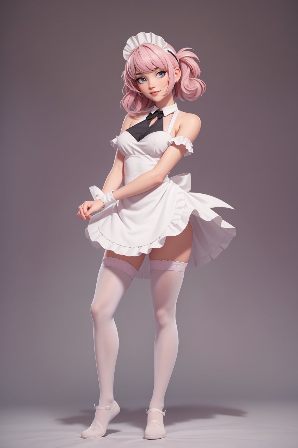 character sheet, beautiful, good hands, full body, good body, 18 year old girl body, sexy pose, full_body,character_sheet, shoulder length fluffy semi wavy hair, pink hair, maid clothes, white stockings, looking to the camera, Simple Sakura