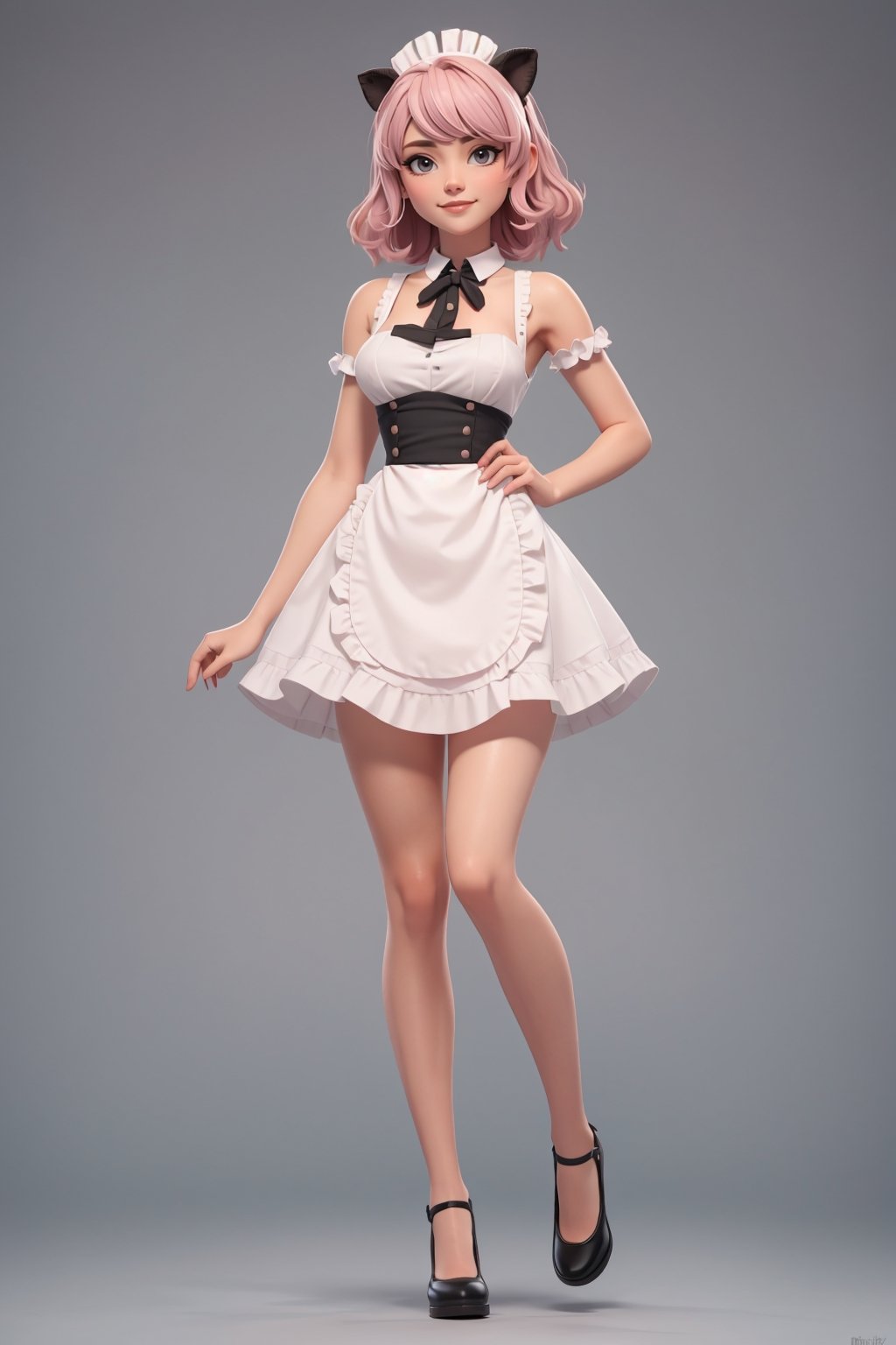 character sheet, beautiful, good hands, full body, good body, 18 year old girl body, sexy pose, full_body,character_sheet, shoulder length fluffy semi wavy hair, pink hair, maid clothes, white stockings, looking to the camera,playful bulldog puppy
