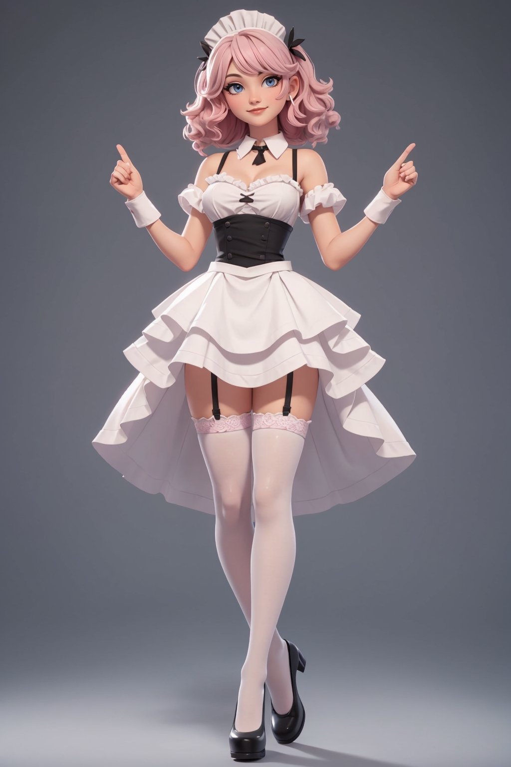 character sheet, beautiful, good hands, full body, good body, 18 year old girl body, sexy pose, full_body,character_sheet, shoulder length fluffy semi wavy hair, pink hair, maid clothes, white stockings, only stockings