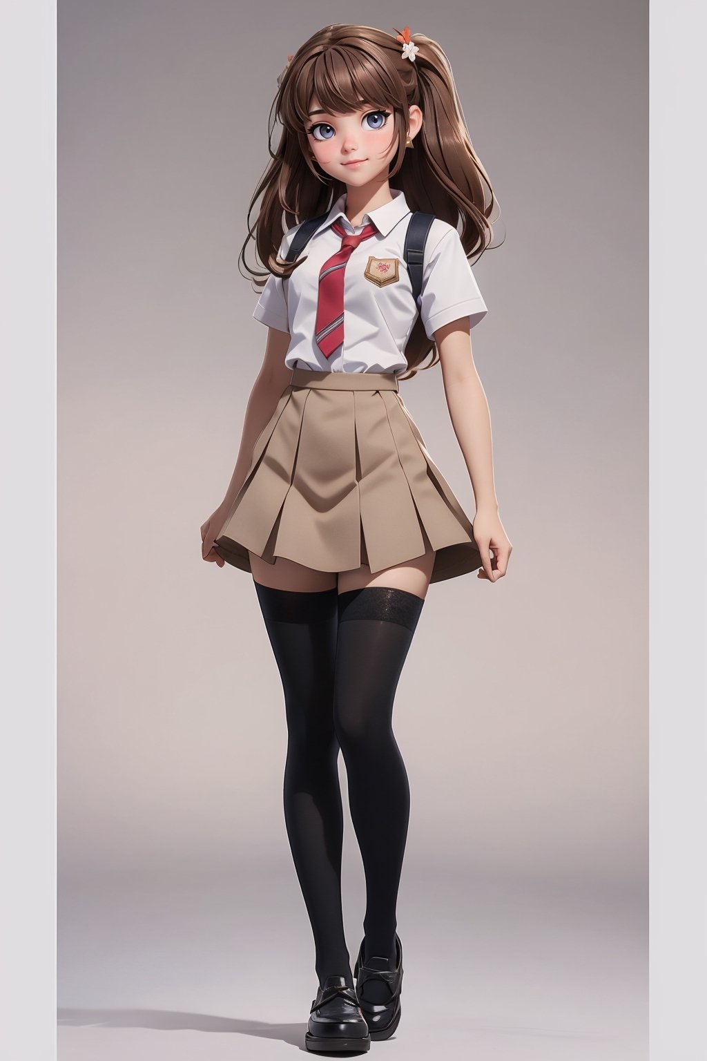 character sheet, student clothes, beautiful, good hands, full body, good body, 18 year old girl body, school shoes, school skirt, school shirt, black shoes, sexy pose, full_body, with small character_sheet, school_uniform, shoes_black, with  school_shoes_black, arcane style, clothes with accessories, denier tights in beige, stockings_colorbeige, brown hair, straight hair, fair skin, light eyes, red flower in the girl's hair,1girl,glitter