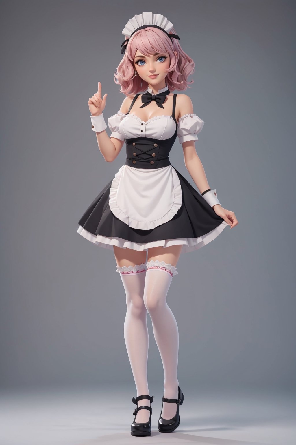 character sheet,beautiful, good hands, full body, good body, 18 year old girl body,sexy pose, full_body,character_sheet, shoulder length fluffy semi wavy hair, pink hair,maid clothes, white stockings, greeting pose,maid black shoes, body with good geometry