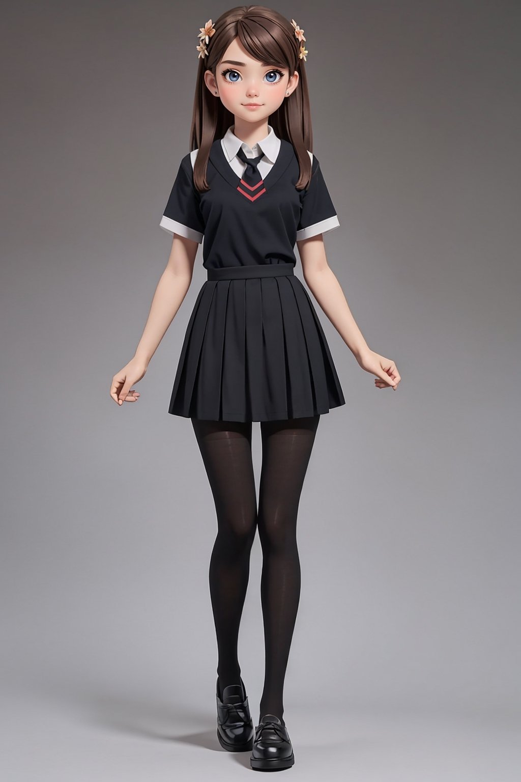 character sheet, student clothes, beautiful, good hands, full body, good body, 18 year old girl body, school shoes, school skirt, school shirt, black shoes, sexy pose, full_body, with small character_sheet, school_uniform, shoes_black, with  school_shoes_black, arcane style, clothes with accessories, denier tights in beige, stockings_colorbeige, brown hair, straight hair, fair skin, light eyes, red flower in the girl's hair,1girl