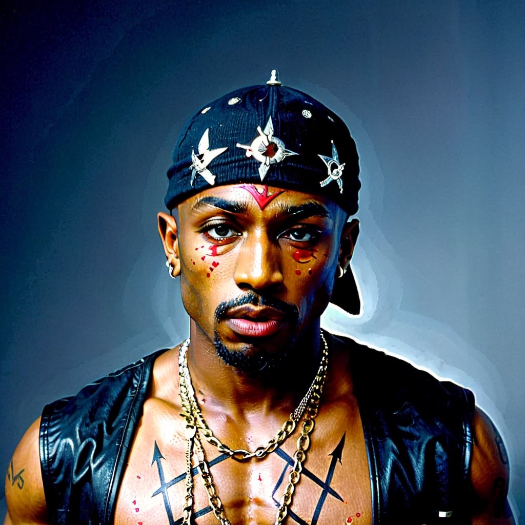 aw0k, (masterpiece:1.2), 1man, ((2pac)), Tupac Shakur, in makeup, halloween style, angry expression, (facial hair:1.2)