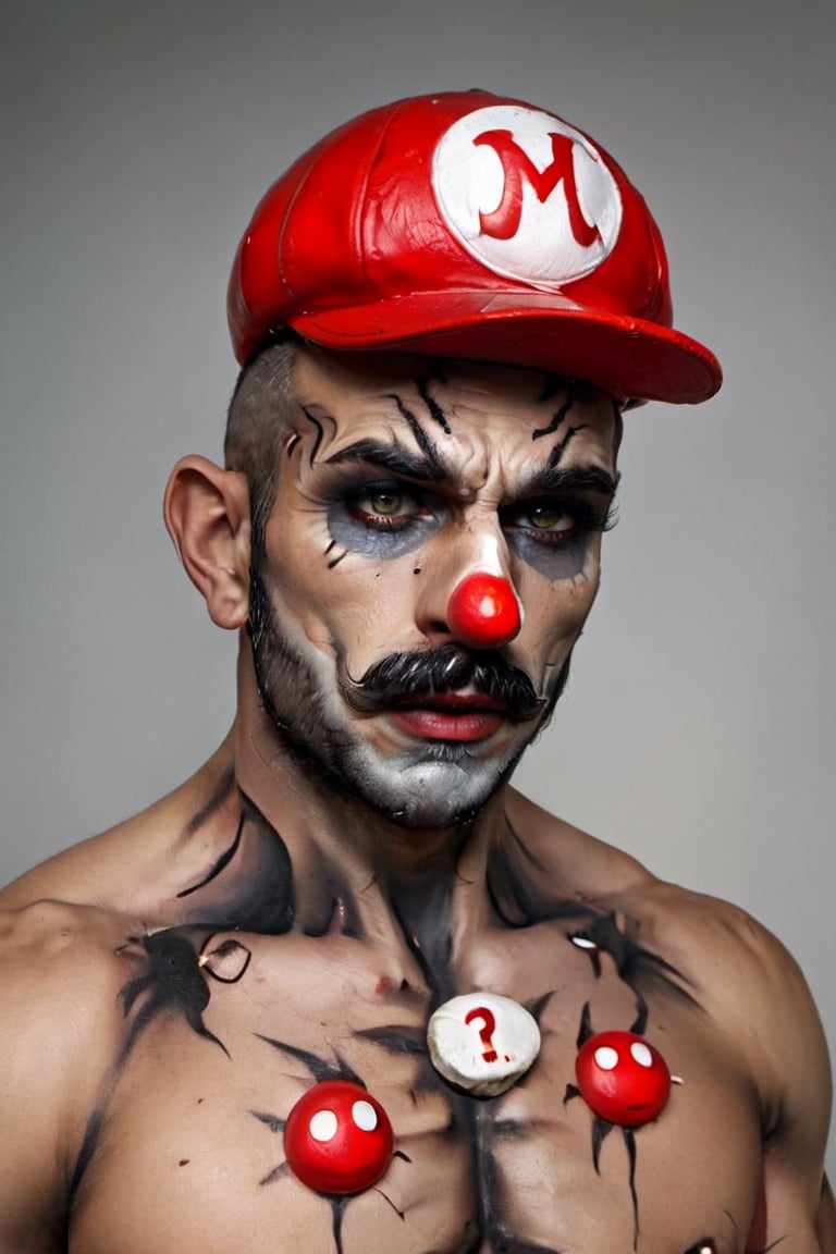 RAW photo, (portrait of an old Super Mario man in makeup:1.1), highly detailed textures, tired, run down, deep skin pores, red Super Mario hat, perfect lighting, photorealism, photo realistic, hard focus, smooth, depth of field, 8K UHD, photo taken by a Sony Alpha 1 , 85mm lens, f/1. 4 aperture, 1/500 shutter speed, ISO 100 film, neutral colors, muted colors 
