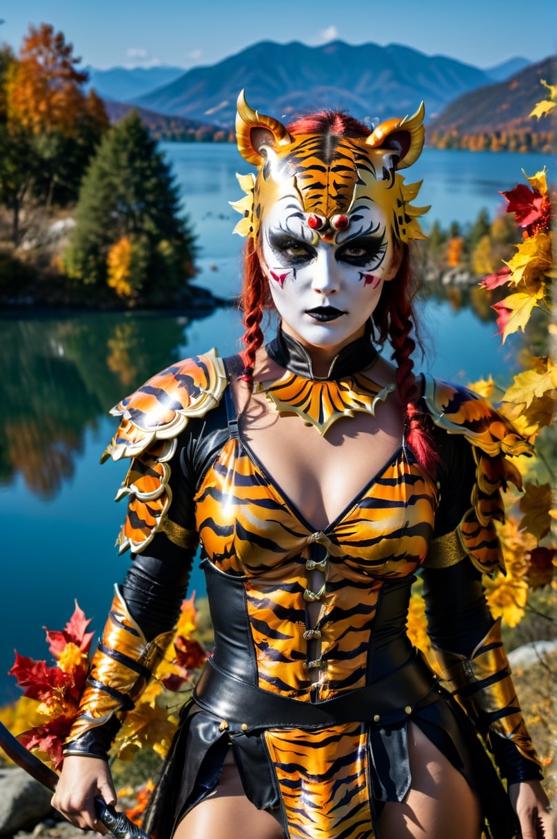 (aw0k halloween makeup:1.1)(masterpiece:1.2), photograph, (beautiful woman:1.1) wearing [Macedonian|Medieval] warrior suit, fighting stance, in tiger makeup, foliage and lake, epic, fantasy, 🤡, Straps, Sunny, horizon-centered, Energetic, film grain, Fujifilm XT3, L USM, Cold Colors, quantum wavetracing,
4k, halloween, detailmaster2, DonMn1ghtm4reXL,