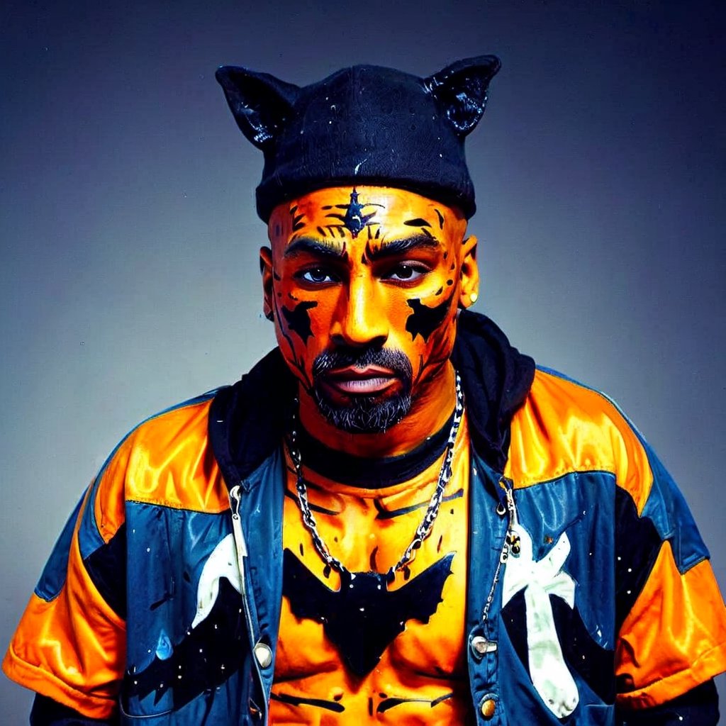 aw0k, (masterpiece:1.2), old picture, full body shot of 1man, ((2pac)), Tupac Shakur, in halloween makeup, halloween style, angry expression, (facial hair:1.2), aw0k dalle