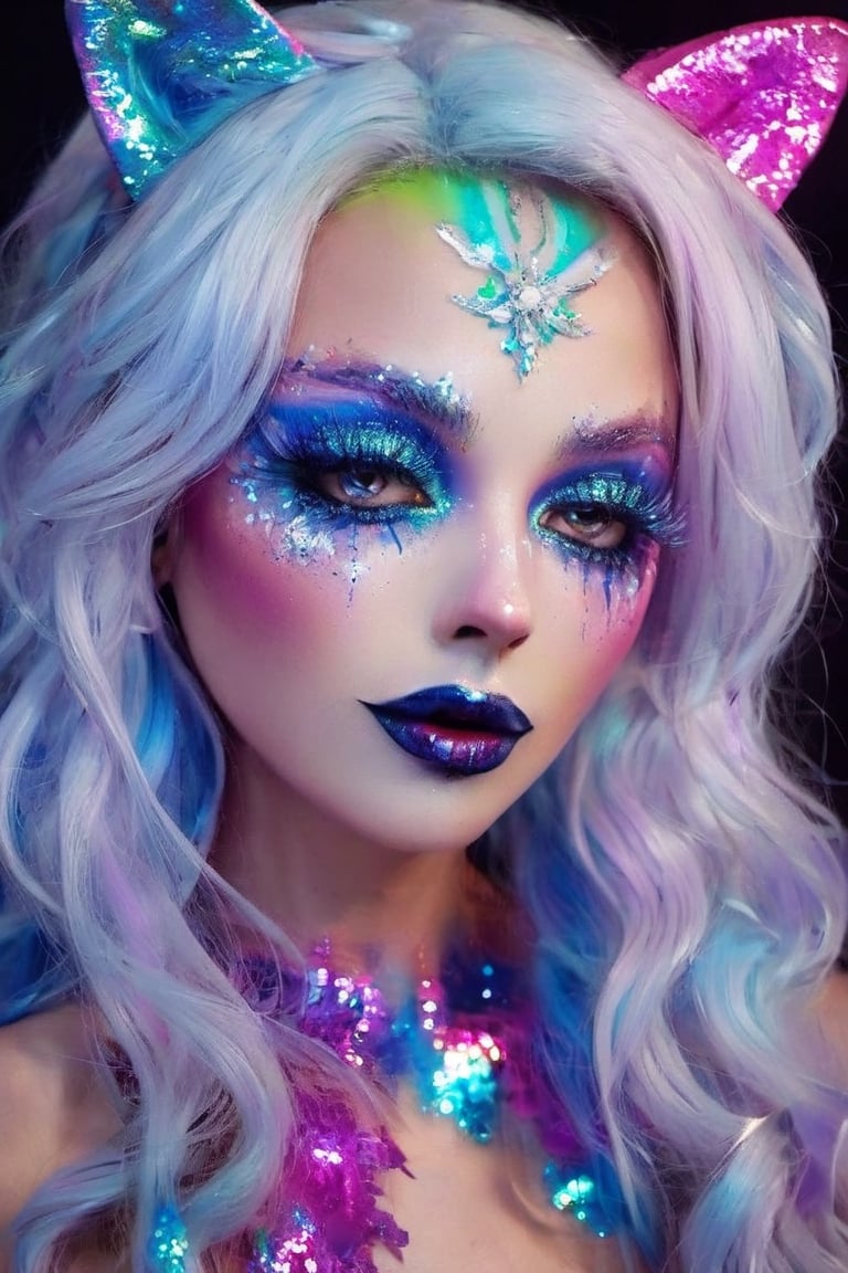lucinda lafleur | holographic photography shoots, subject is in makeup, in the style of tanya shatseva, daz3d, street pop, luminous palette, close up, realistic impressionism, shiny/glossy 