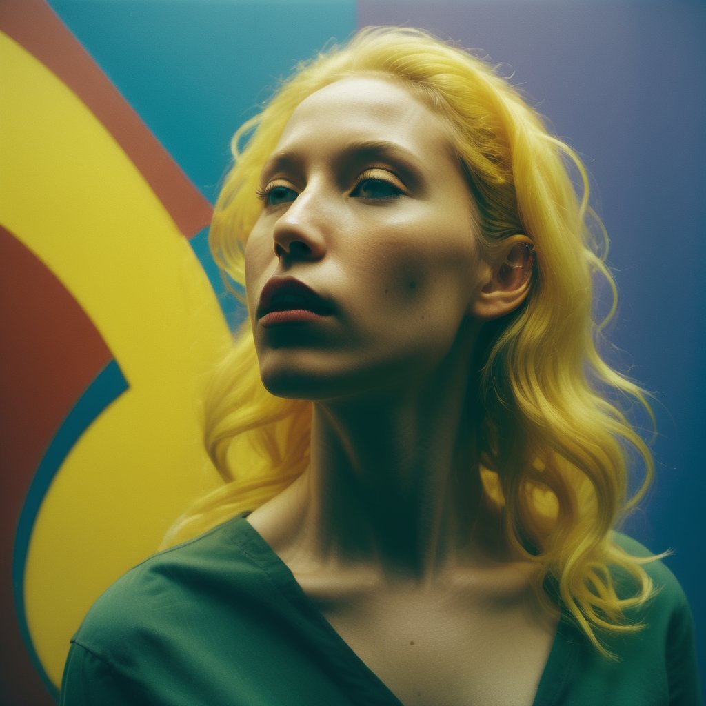 aw0k magnstyle, (best quality) , (masterpiece) , Primary Colors, overlapping compositions, Albumen, Kodak Ektar, Fearful, CMYK Colors, Lonely, Sleek (woman:1.1) , Playing in a band, Gold hair, Iridescent color grading, Saturated, Hopeless, Disgusting, four colors, 
