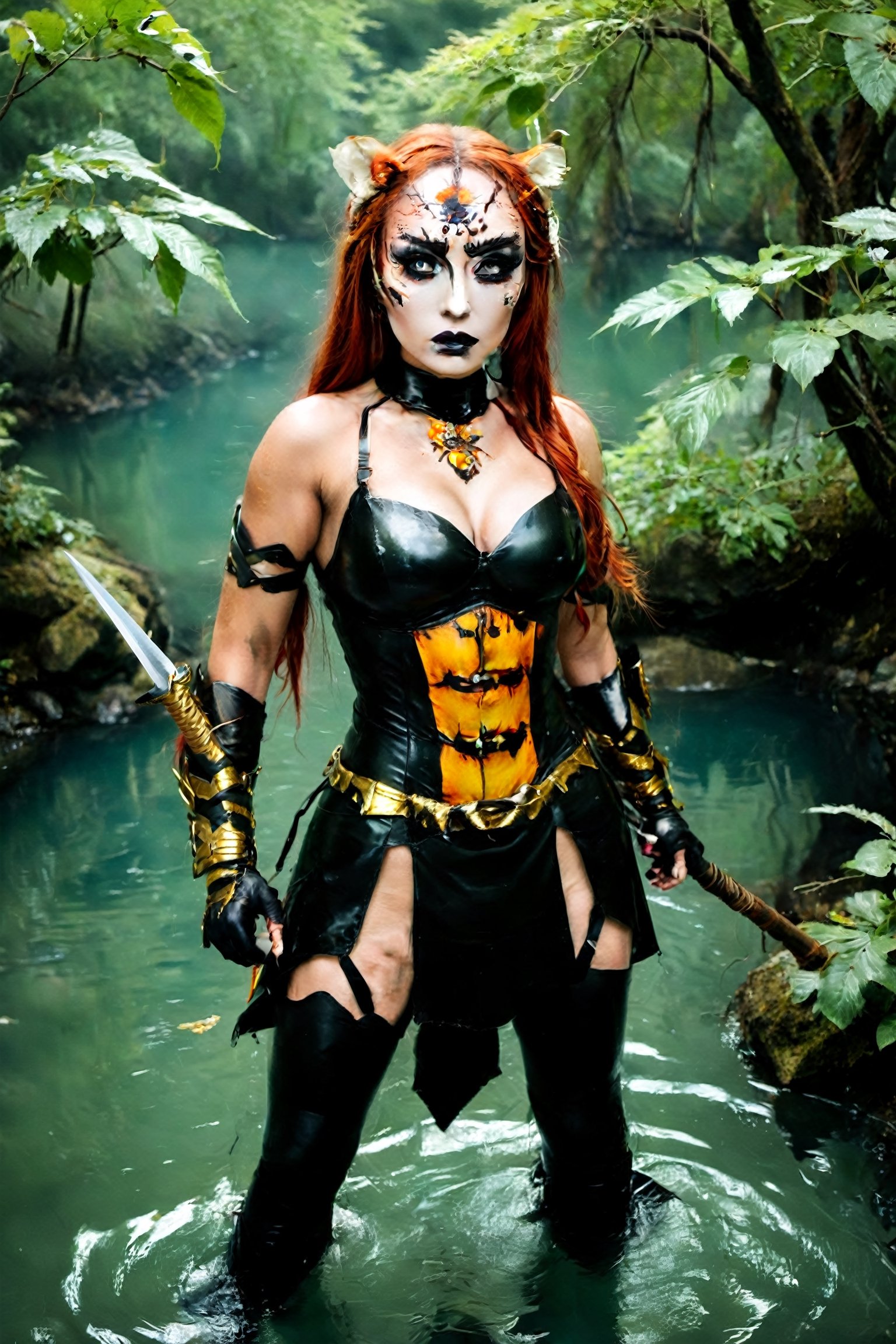 (masterpiece), photograph, (beautiful woman:1.1) wearing [Macedonian|Medieval] warrior suit, fighting stance, in tiger makeup, foliage and lake, epic, fantasy, 🤡, Straps, Sunny, horizon-centered, Energetic, film grain, Fujifilm XT3, L USM, Cold Colors, quantum wavetracing,
,classroom background, fear ambience,horror, 4k, halloween, detailmaster2, DonMn1ghtm4reXL,aw0k halloween makeup