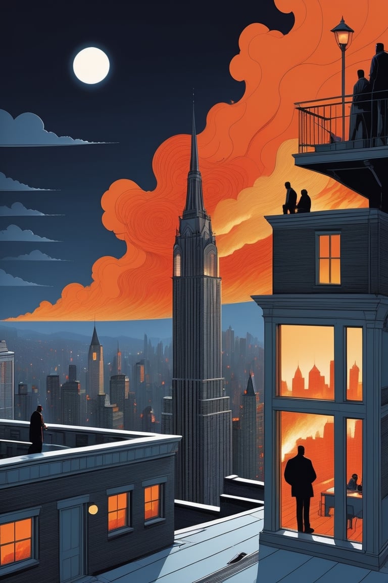 Comic book style, Vector Drawing A panoramic view of Gotham's rooftops at midnight, with the silhouettes of vigilantes, criminals, and ordinary citizens, all navigating the city's treacherous terrain, (((1building is on fire))), (((bat signal on the clouds))), professional, minimalist, graphic, line art, vector graphics, ,flat design,