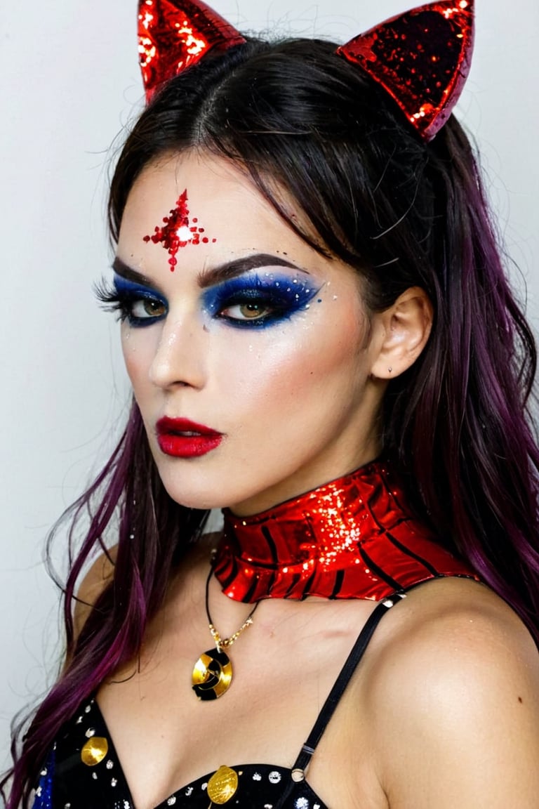 (aw0k halloween makeup:1.1)(masterpiece:1.2),Create a beautiful woman wearing a make up Steve Wonders and Freddy Mercury mashup makeup , waering a halloween costume.ready to party.helloween mood.,photo r3al,detailmaster2,oni style,