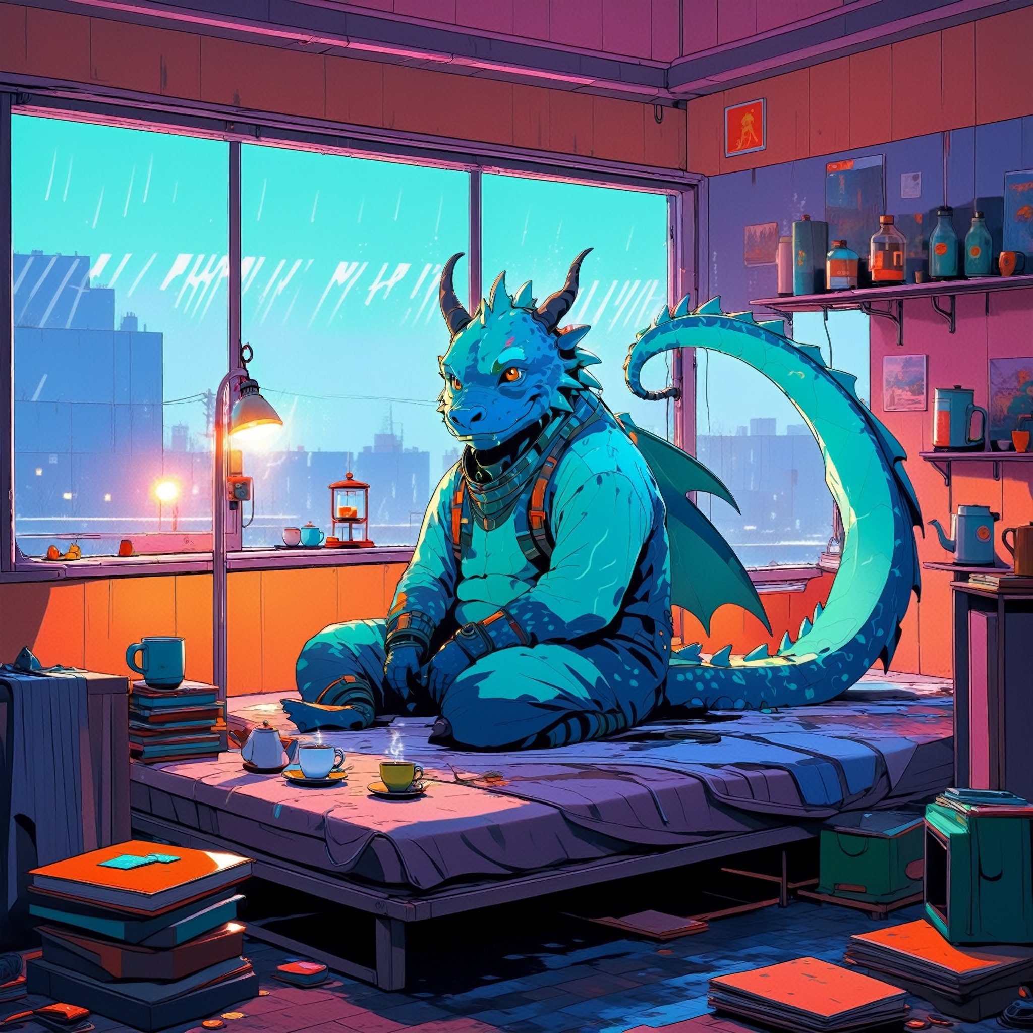 masterpiece, best quality, (((dragon in sleeping wear with tail and wings drinking 1 cup of tea casually))), looking at the camera, real life, art by simon stalenhag, 