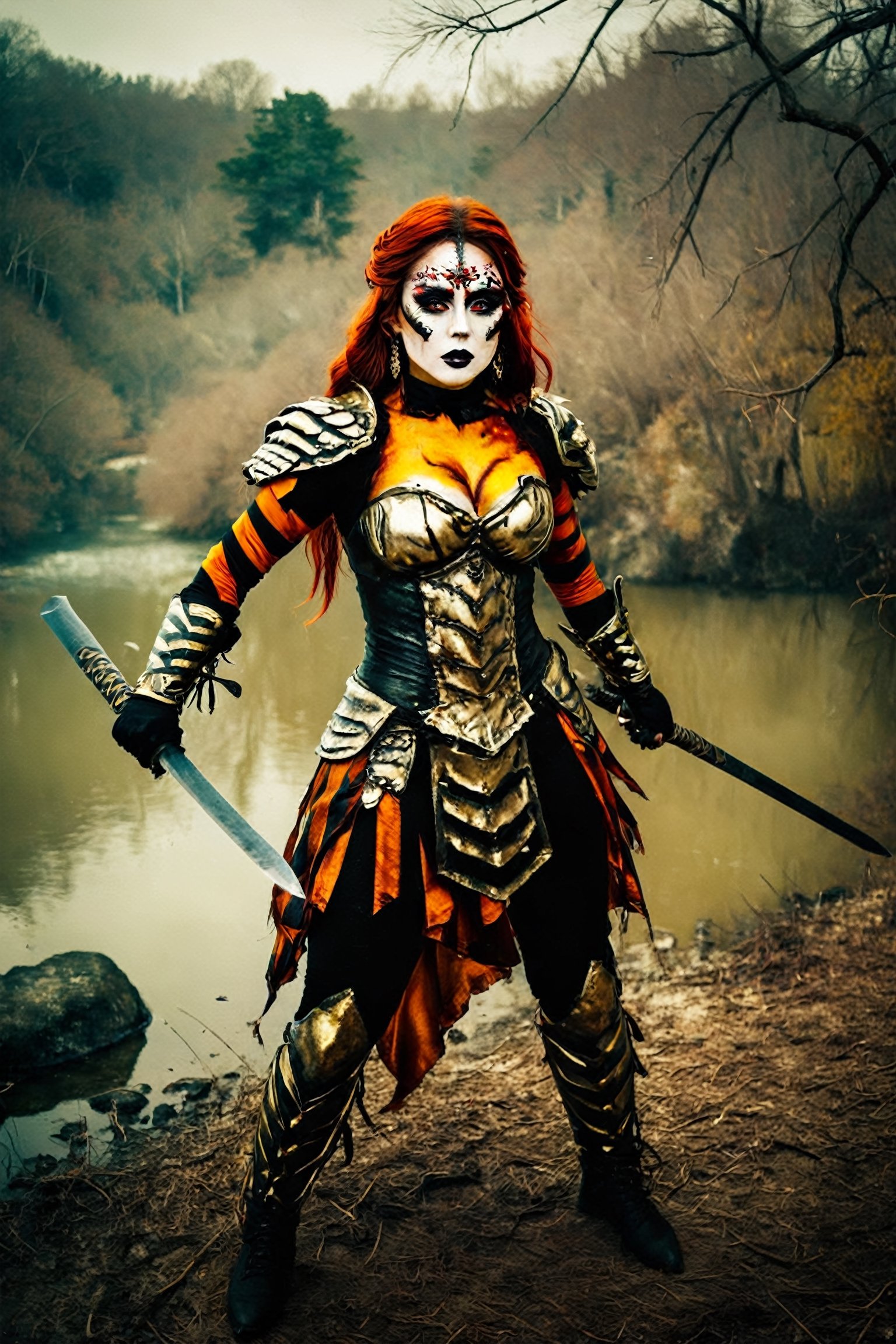 (masterpiece), photograph, (beautiful woman:1.1) wearing [Macedonian|Medieval] warrior suit, fighting stance, in tiger makeup, foliage and lake, epic, fantasy, 🤡, Straps, Sunny, horizon-centered, Energetic, film grain, Fujifilm XT3, L USM, Cold Colors, quantum wavetracing,
,classroom background, fear ambience,horror, 4k, halloween, detailmaster2, DonMn1ghtm4reXL,aw0k halloween makeup