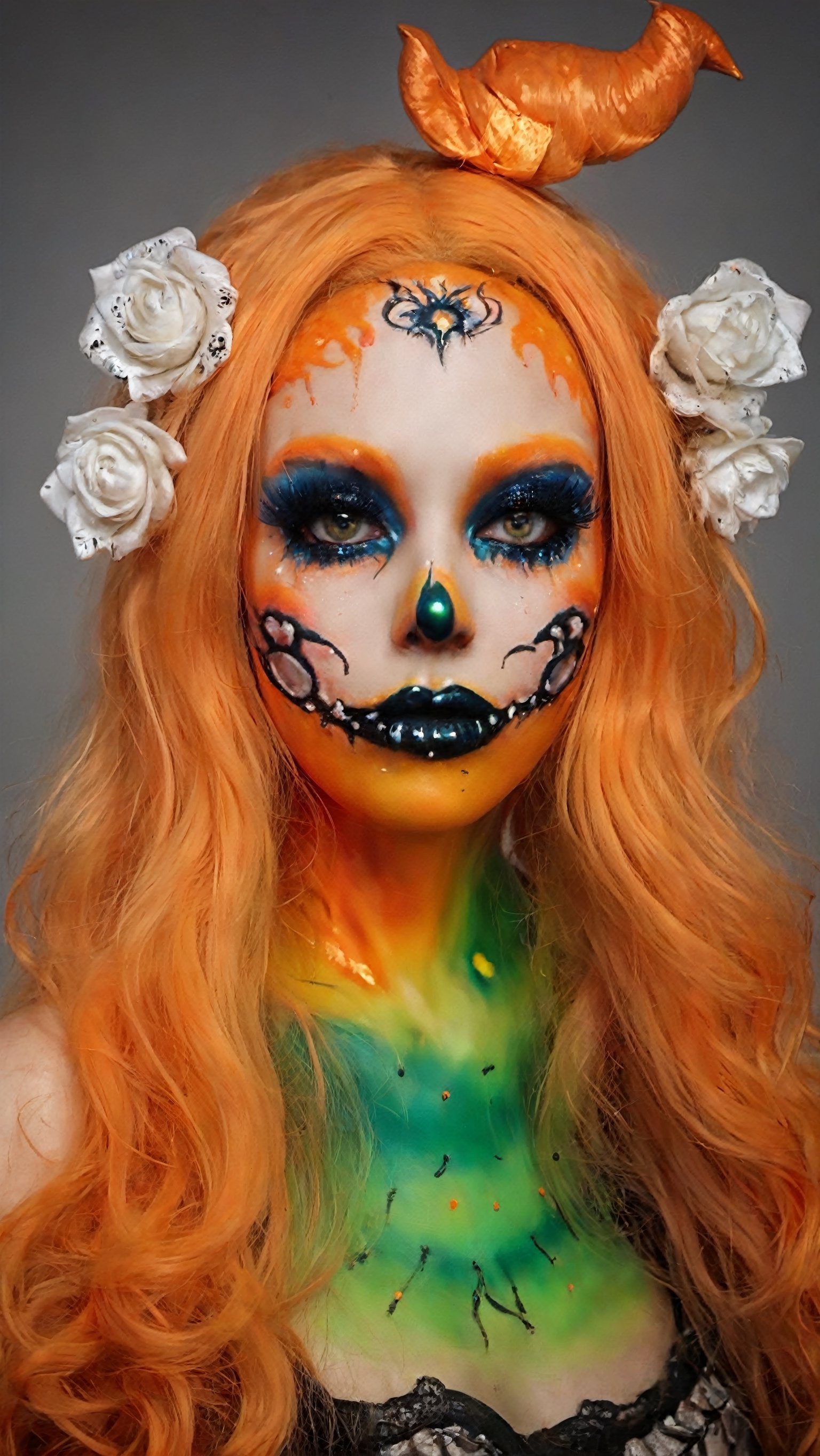 aw0k halloween makeup, (art by Simeon Solomon, art by Gary Baseman:1.2), photograph, angle from below of a Baroque ( a woman in makeup:1.1) with DayGlo orange skin, Engaging hair, Mohawk hairstyle, Cel shading, film grain, Sony A9 II, F/5, detailed eyes and pupils, 
