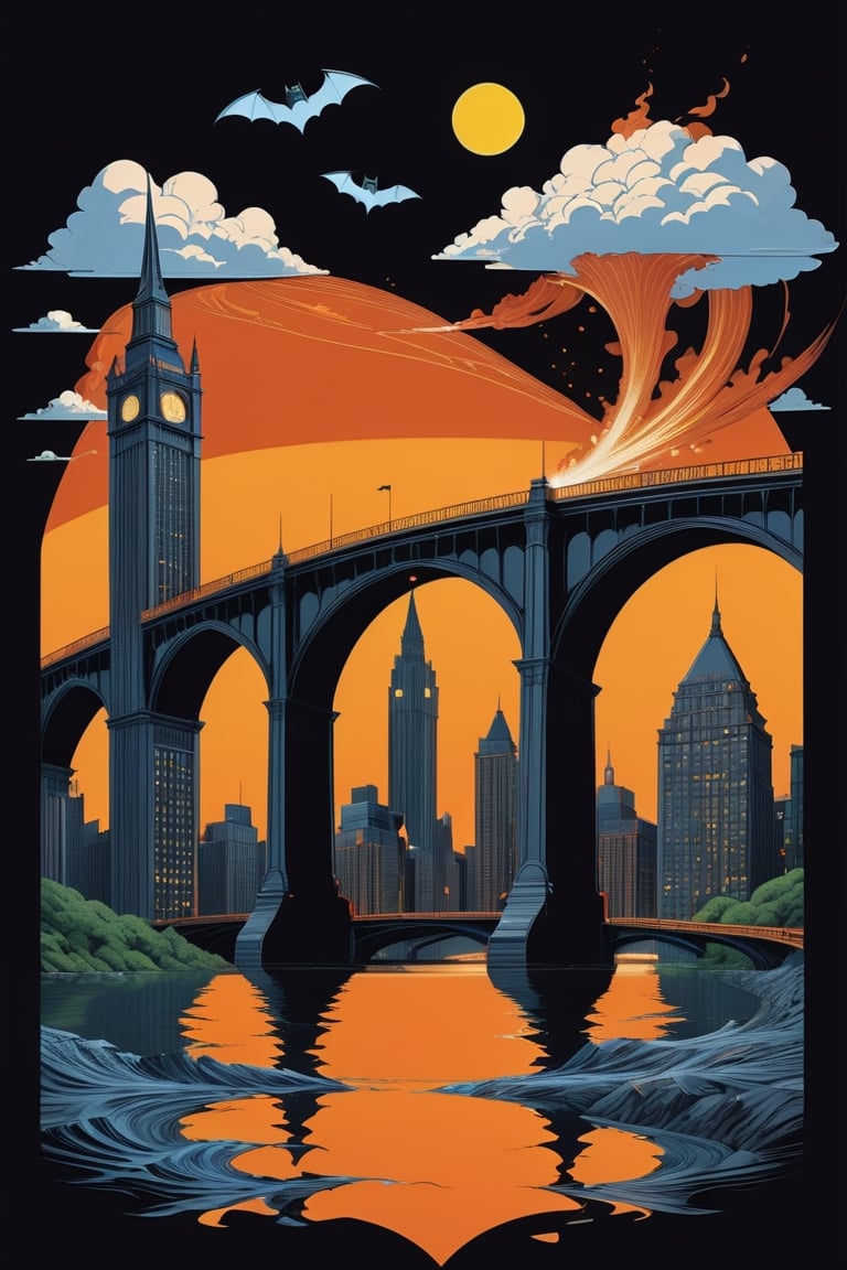 Comic book style, Vector Drawing of Gotham's iconic bridges stretching across the Gotham River, their arches casting eerie reflections on the murky waters below, (((1building is on fire))), (((bat signal on the clouds))), professional, minimalist, graphic, line art, vector graphics, ,flat design,tshirt design,