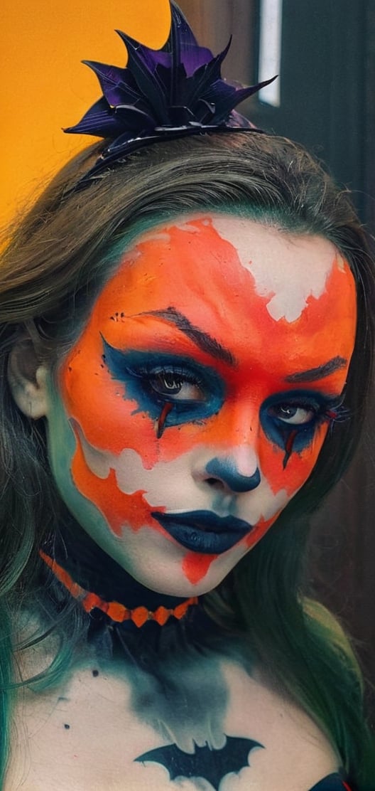 Create a beautiful woman in half batman half joker makeup, waering a halloween costume.ready to party.helloween mood.,photo r3al,detailmaster2,oni style,