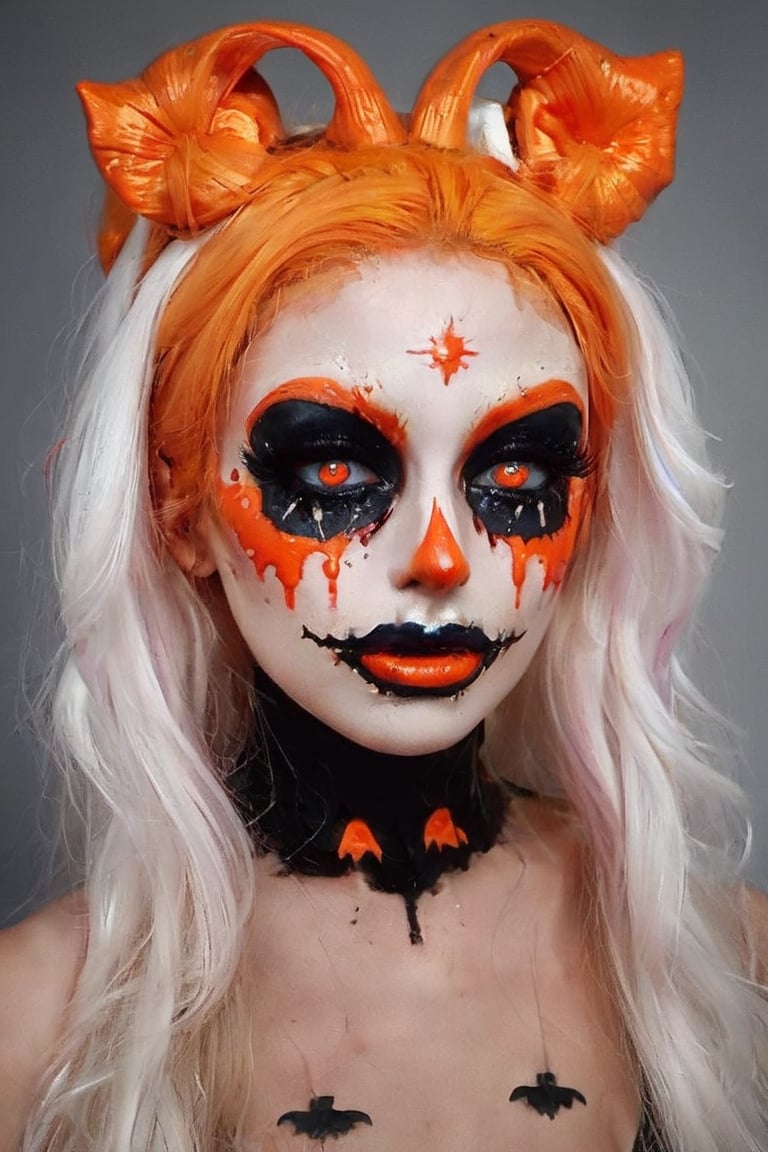 aw0k halloween makeup, (art by Simeon Solomon, art by Gary Baseman:1.2), photograph, angle from below of a Baroque ( a woman in makeup:1.1) with DayGlo orange skin, Engaging hair, Mohawk hairstyle, Cel shading, film grain, Sony A9 II, F/5, detailed eyes and pupils, 
