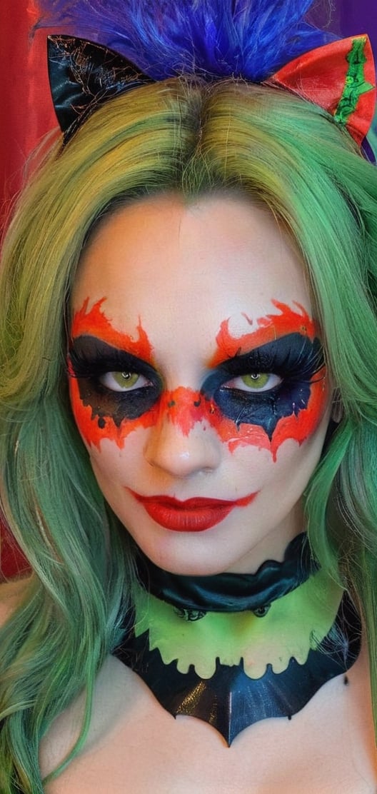 Create a beautiful woman in half batman half joker makeup, waering a halloween costume.ready to party.helloween mood.,photo r3al,detailmaster2,oni style,