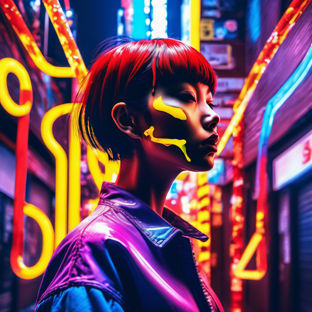 (Masterpiece:1.2), ((intricate details)), full body, wide shot, cover art, chaos, , 1girl, japanese girl, short hair, black hair, bangs, hair on forehead, high quality, (red, blue, yellow, purp neon lights), ((front view)), face dripping, clothes dripping, ink dripping, (addnet weight 1:1.0), (double exposure), ink scenery
