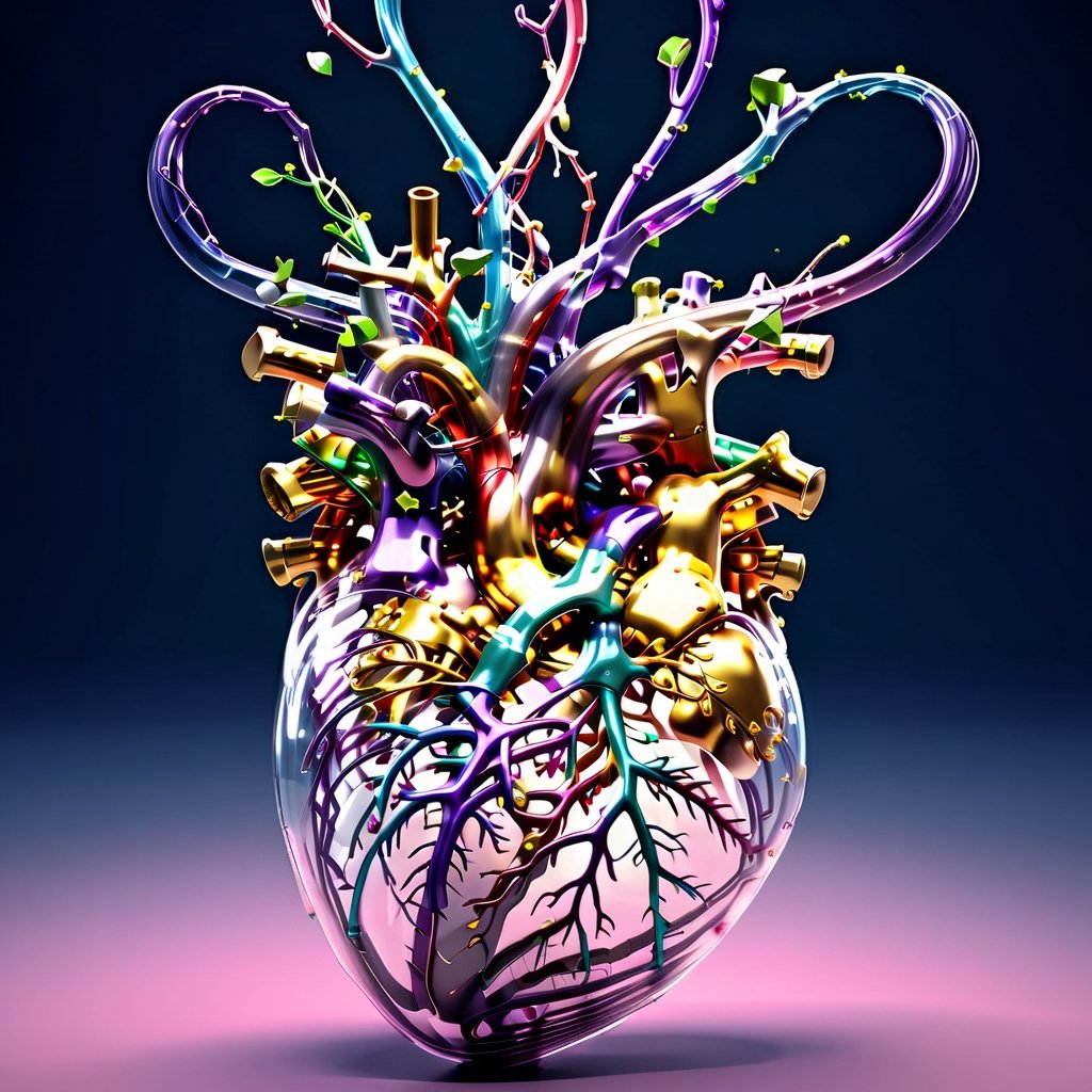 masterpiece, best quality, 3D model of the human heart, scientifically accurate in its anatomical representation, the chambers, valves, and blood vessels in exquisite detail, (reflective:1.25)