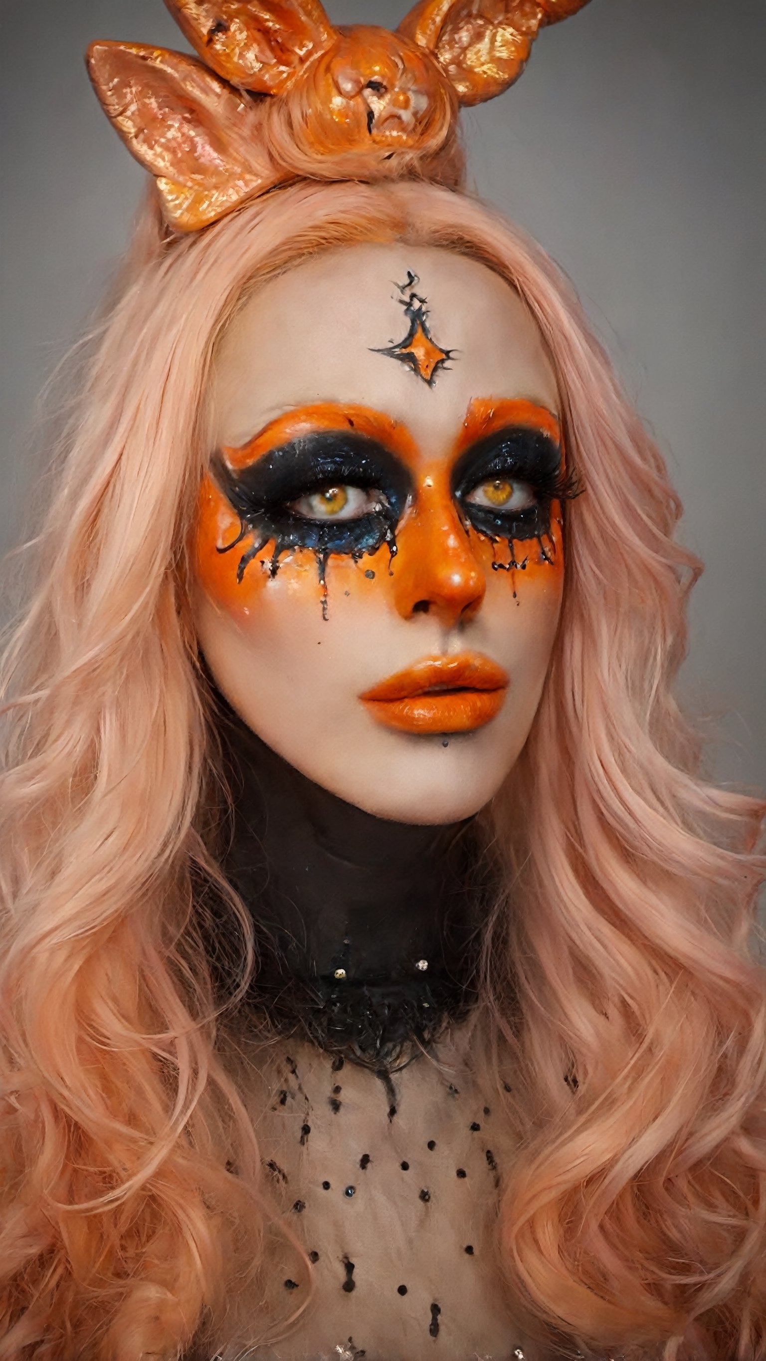 aw0k halloween makeup, (art by Simeon Solomon, art by Gary Baseman:1.2), photograph, angle from below of a Baroque ( a woman in makeup:1.1) with DayGlo orange skin, Engaging hair, Mohawk hairstyle, Cel shading, film grain, Sony A9 II, F/5, detailed eyes and pupils, 
