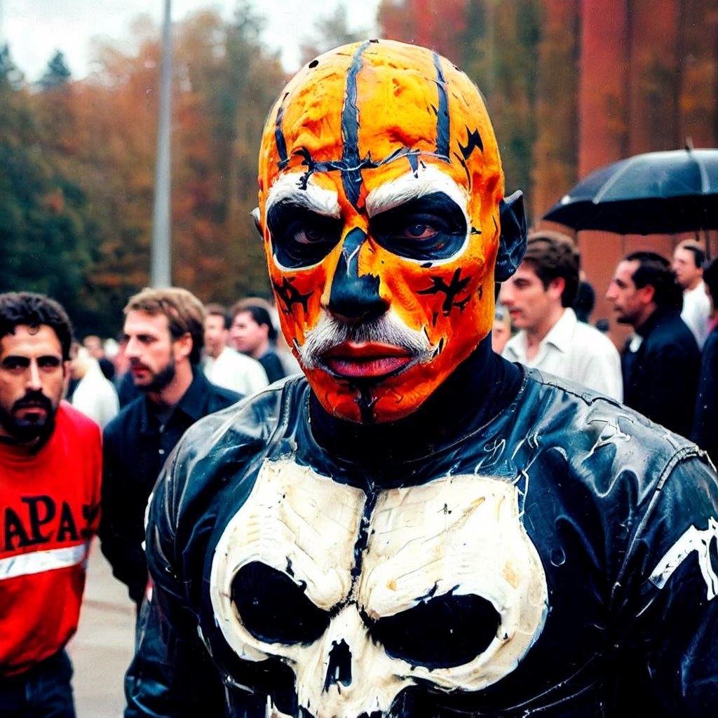 aw0k, (masterpiece:1.2), old picture, full body shot of 1man, ((2pac)), Tupac Shakur, in halloween makeup, halloween style, angry expression, (facial hair:1.2), aw0k dalle