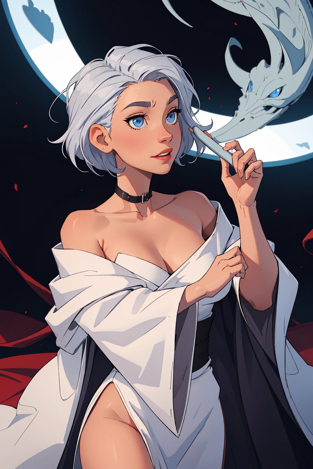 1female, silver hair, short_hair, blue eyes, hair_style, different style hair, SAM YANG,witch outfit, bare shoulders, white robe, kinky pose, kinky face,