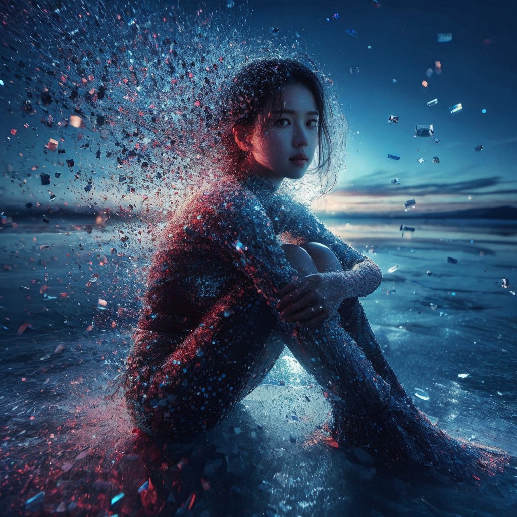 Realistic 16K resolution blue-red tone photography of 1 girl with beauty face created by colorful dotted particles with a mesmerizing digital or pixelated effect, sitting in dark on frozen lake, with shattered ice debris vortexing and floating into shade around her,
break,
1 girl, Exquisitely perfect symmetric very gorgeous face, Exquisite delicate crystal clear skin, Detailed beautiful delicate eyes, perfect slim body shape, slender and beautiful fingers, nice hands, perfect hands, illuminated by film grain, Stippling style, dramatic lighting, soft lighting, motion blur, exaggerated perspective of ((Wide-angle lens depth)),