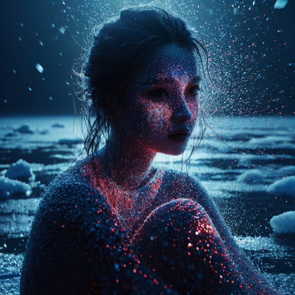 Realistic 16K resolution blue-red tone photography of 1 girl with beauty face created by colorful dotted particles with a mesmerizing digital or pixelated effect, standing in dark on frozen lake, with shattered ice debris vortexing and floating into shade around her,
break,
1 girl, Exquisitely perfect symmetric very gorgeous face, Exquisite delicate crystal clear skin, Detailed beautiful delicate eyes, perfect slim body shape, slender and beautiful fingers, nice hands, perfect hands, illuminated by film grain, Stippling style, dramatic lighting, soft lighting, motion blur, exaggerated perspective of ((Wide-angle lens depth)),