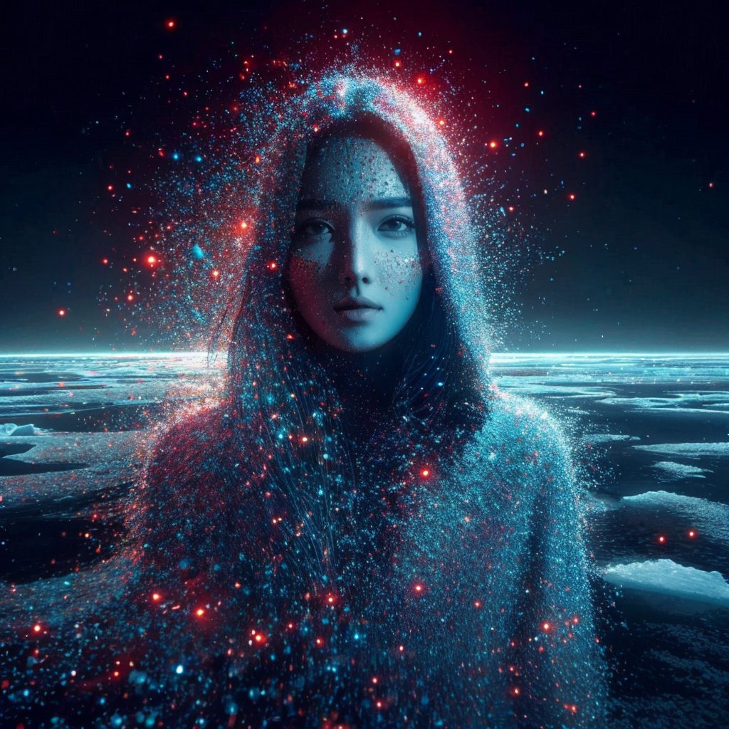 Realistic 16K resolution blue-red tone photography of 1 girl with beauty face created by colorful dotted particles with a mesmerizing digital or pixelated effect, standing in dark on frozen lake, with shattered ice debris vortexing and floating into shade around her,
break,
1 girl, Exquisitely perfect symmetric very gorgeous face, Exquisite delicate crystal clear skin, Detailed beautiful delicate eyes, perfect slim body shape, slender and beautiful fingers, nice hands, perfect hands, illuminated by film grain, Stippling style, dramatic lighting, soft lighting, motion blur, exaggerated perspective of ((Wide-angle lens depth)),