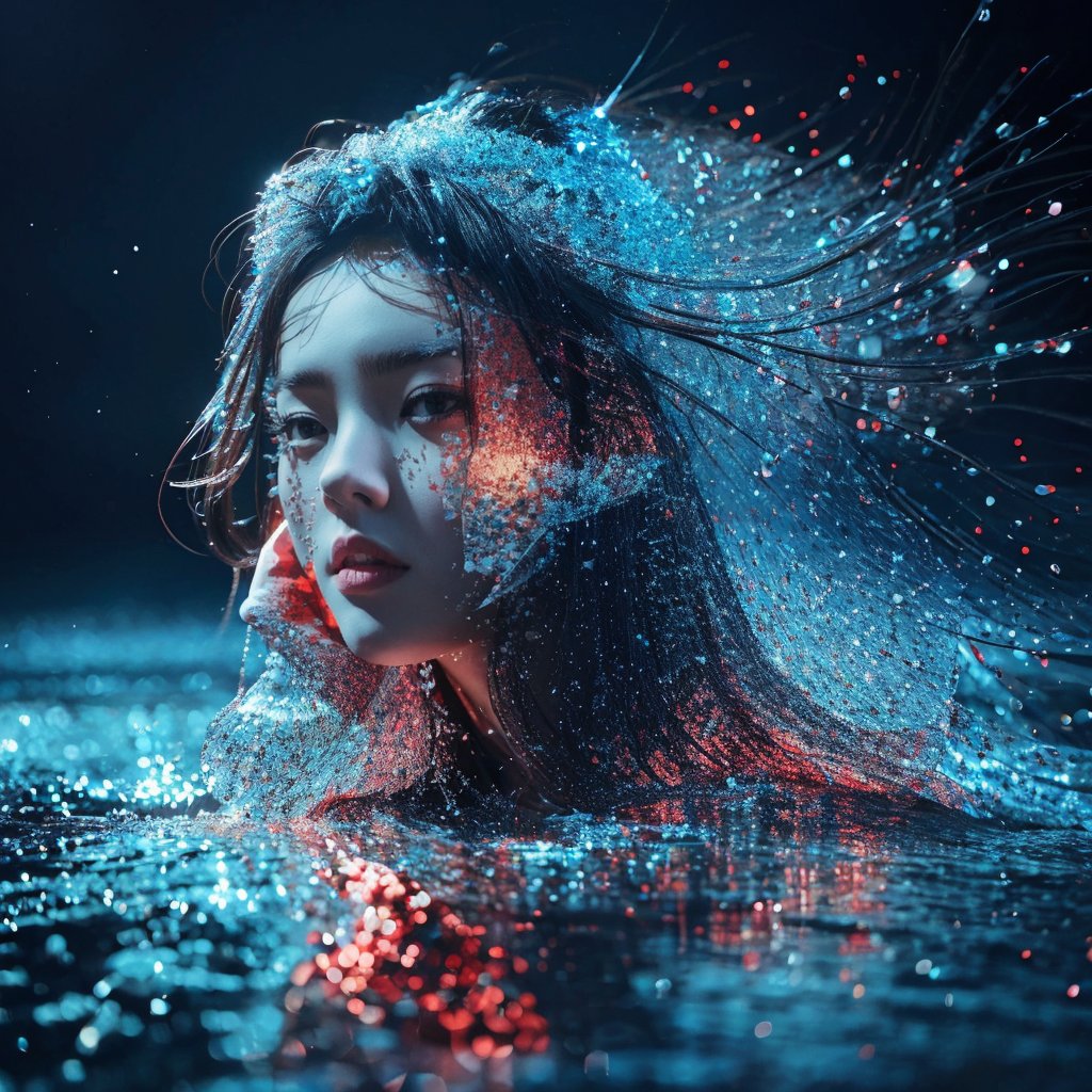 Realistic 16K resolution blue-red tone photography of 1 girl with beauty face created by colorful dotted particles with a mesmerizing digital or pixelated effect, standing in dark on frozen lake, with shattered ice debris vortexing and floating into shade around her,
break,
1 girl, Exquisitely perfect symmetric very gorgeous face, Exquisite delicate crystal clear skin, Detailed beautiful delicate eyes, perfect slim body shape, slender and beautiful fingers, nice hands, perfect hands, illuminated by film grain, Stippling style, dramatic lighting, soft lighting, motion blur, exaggerated perspective of ((Wide-angle lens depth)),