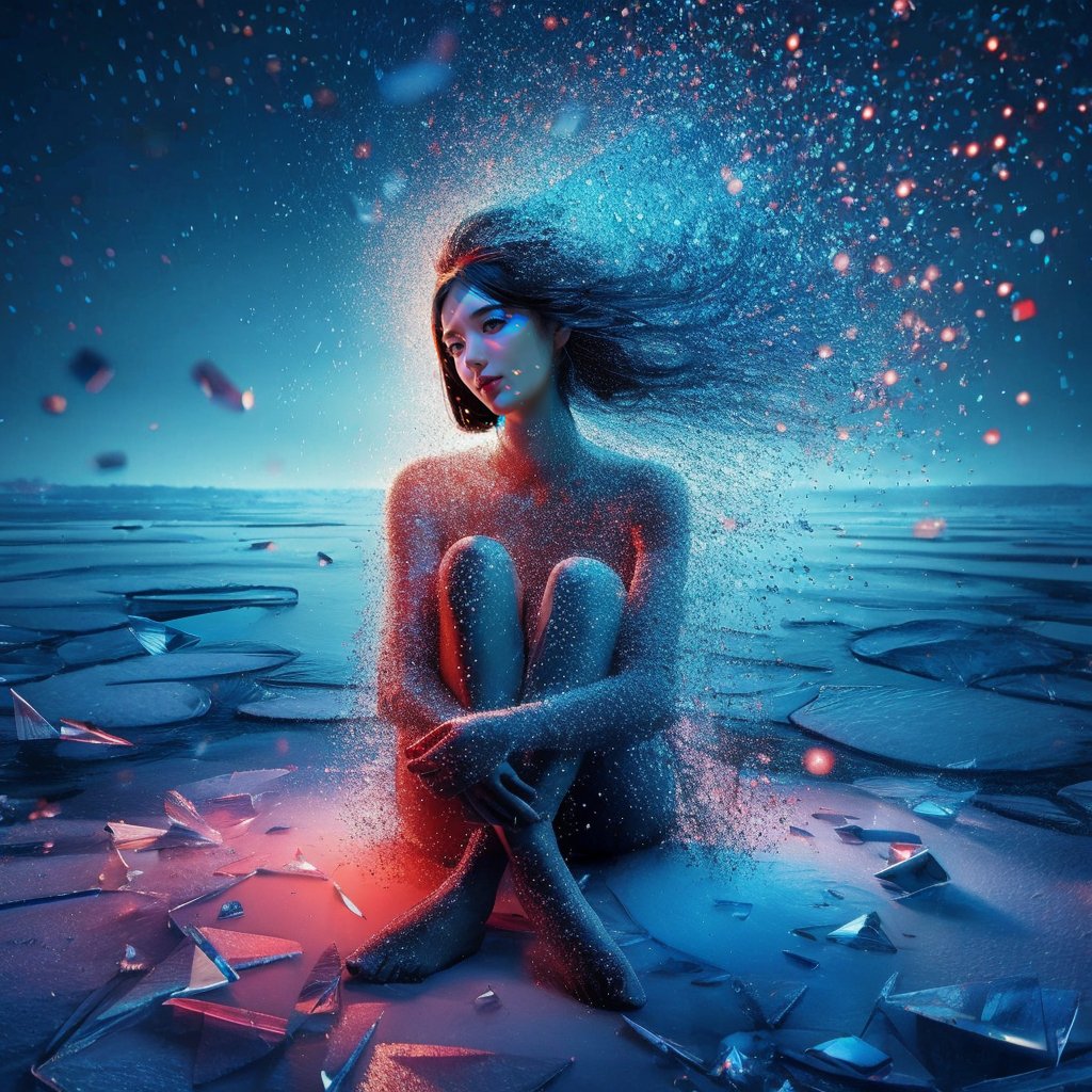 Realistic 16K resolution blue-red tone photography of 1 girl with beauty face created by colorful dotted particles with a mesmerizing digital or pixelated effect, sitting in dark on frozen lake, with shattered ice debris vortexing and floating into shade around her,
break,
1 girl, Exquisitely perfect symmetric very gorgeous face, Exquisite delicate crystal clear skin, Detailed beautiful delicate eyes, perfect slim body shape, slender and beautiful fingers, nice hands, perfect hands, illuminated by film grain, Stippling style, dramatic lighting, soft lighting, motion blur, exaggerated perspective of ((Wide-angle lens depth)),