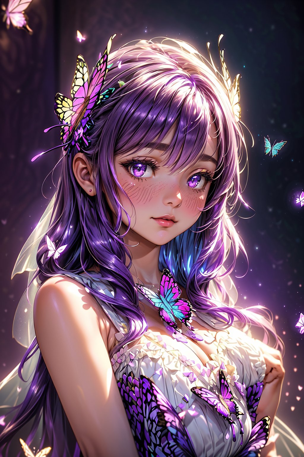 Story, bride posing under a fairy tale, elaborate scene style, glitter, purple, purple butterfly wings, 8k, cinematic lighting, bokeh, (hdr:1.4), high contrast, (cinematic, purple and white film), (muted colors, pastel colors, soothing tones:1.3, (hyperdetailed:1.2), (noir:0.4), cheerful, magical, flowing butterfly dress