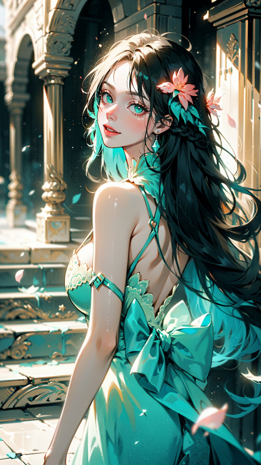 Xxmix_girl, face in frame, a woman wearing a long elegant dress that covers the floor, she has long braided hair and green eyes, (large breast), (smile:1), looking back at viewer, back, walking down an asymmetrical carpet, full lips, white and teal tones, futuristic palace hallway, (fantasy clothing), throne, light is beaming down to her, (cinematic lighting), pink flowers raining, glitter, ray tracing, heavy contrast (detailed face), (ultra detailed:1.4), 1,1 girl, fantasy_world