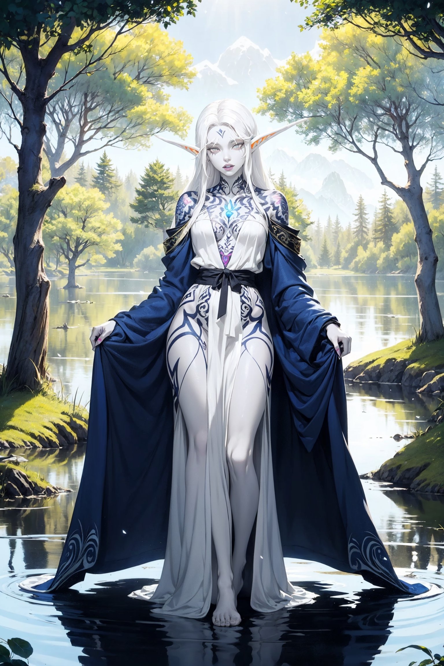 nightelf, full body, (((extreme white albino skin color))), ((extrem long white hair color)), (grey Eyes), (Beautiful blue robe) Facial Tattoo, she stands in front of a lake surrounded by a forest, on her left hand sits a butterfly