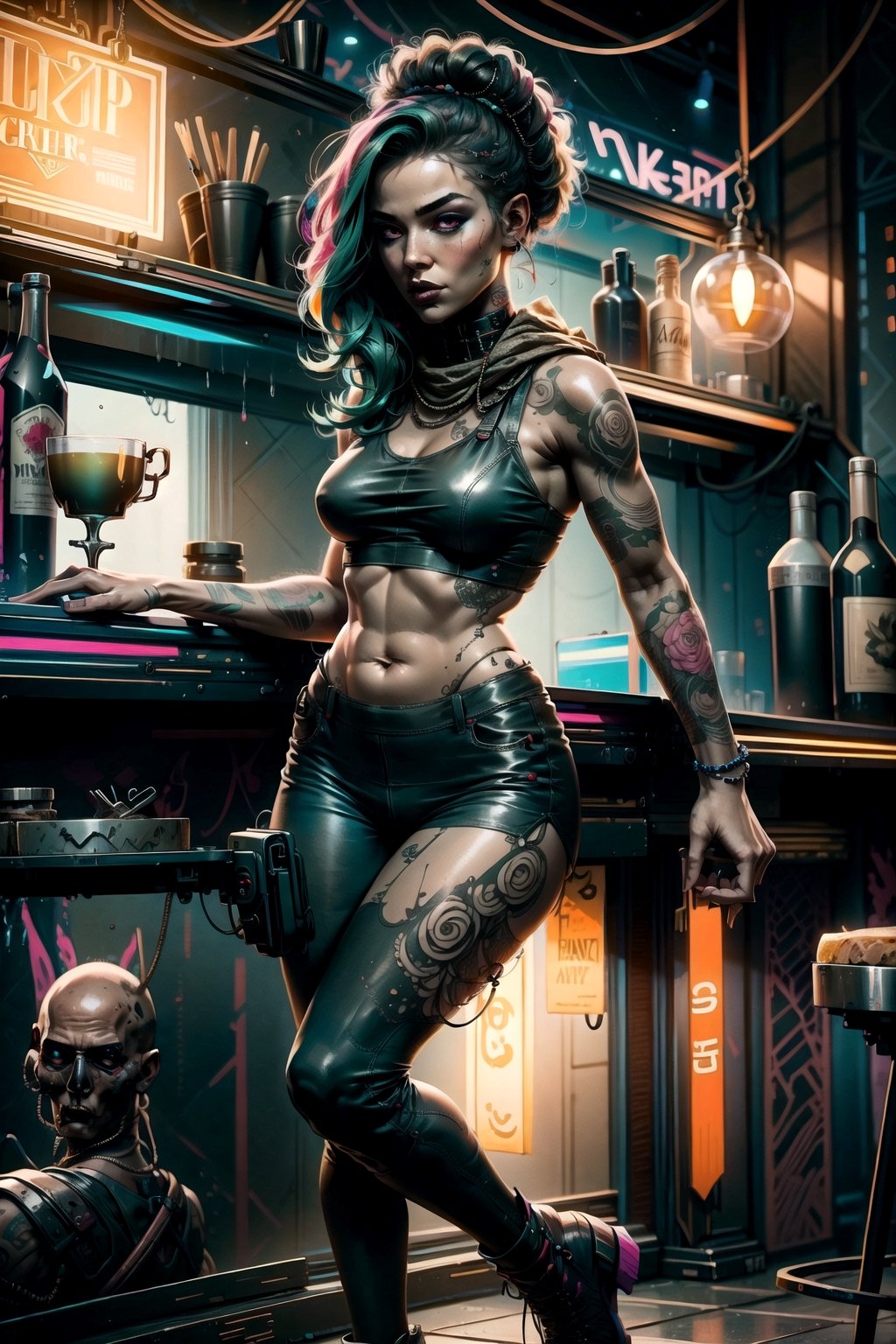 Cyberpunk Style, full body, 1girl, skinny body, in a bar, Long Dark Green Hair, Red Eyes, tight Pants, Belly Free top, Body Tattoos