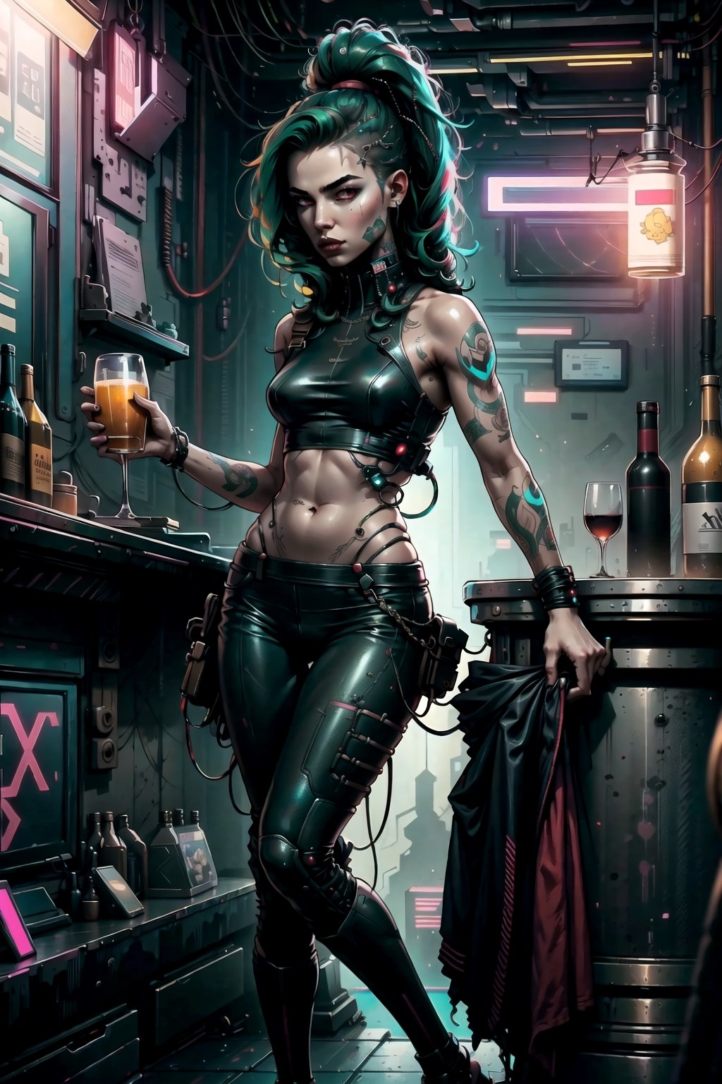 Cyberpunk Style, full body, 1girl, skinny body, in a bar, Long Dark Green Hair, Red Eyes, tight Pants, Belly Free top, Body Tattoos